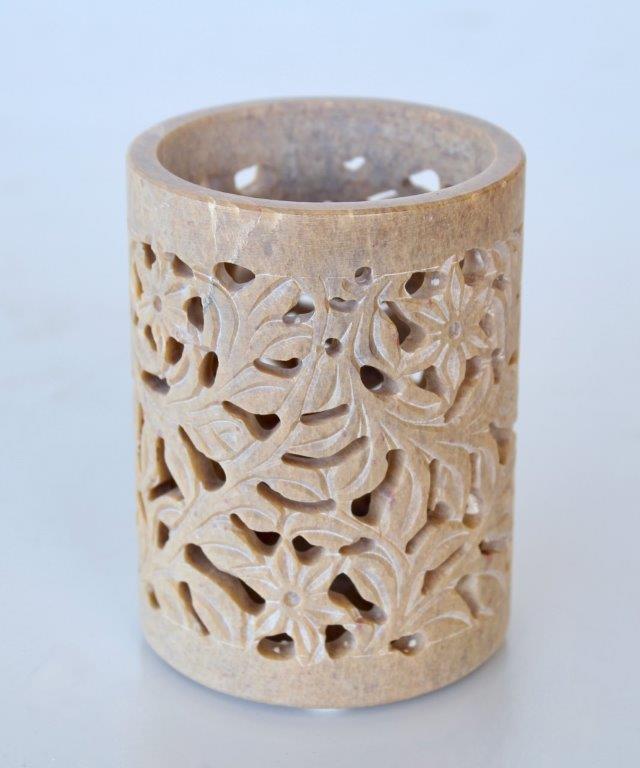 BEIGE SOAP STONE CUTOUT TUMBLER  10X8CM